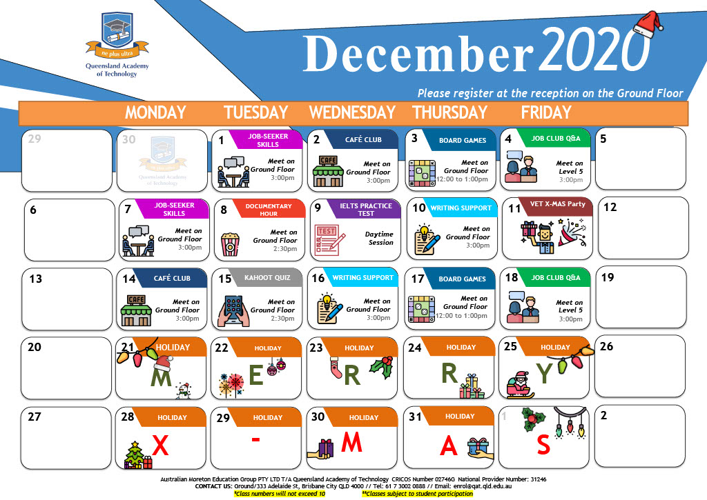 QAT's monthly activities calendar